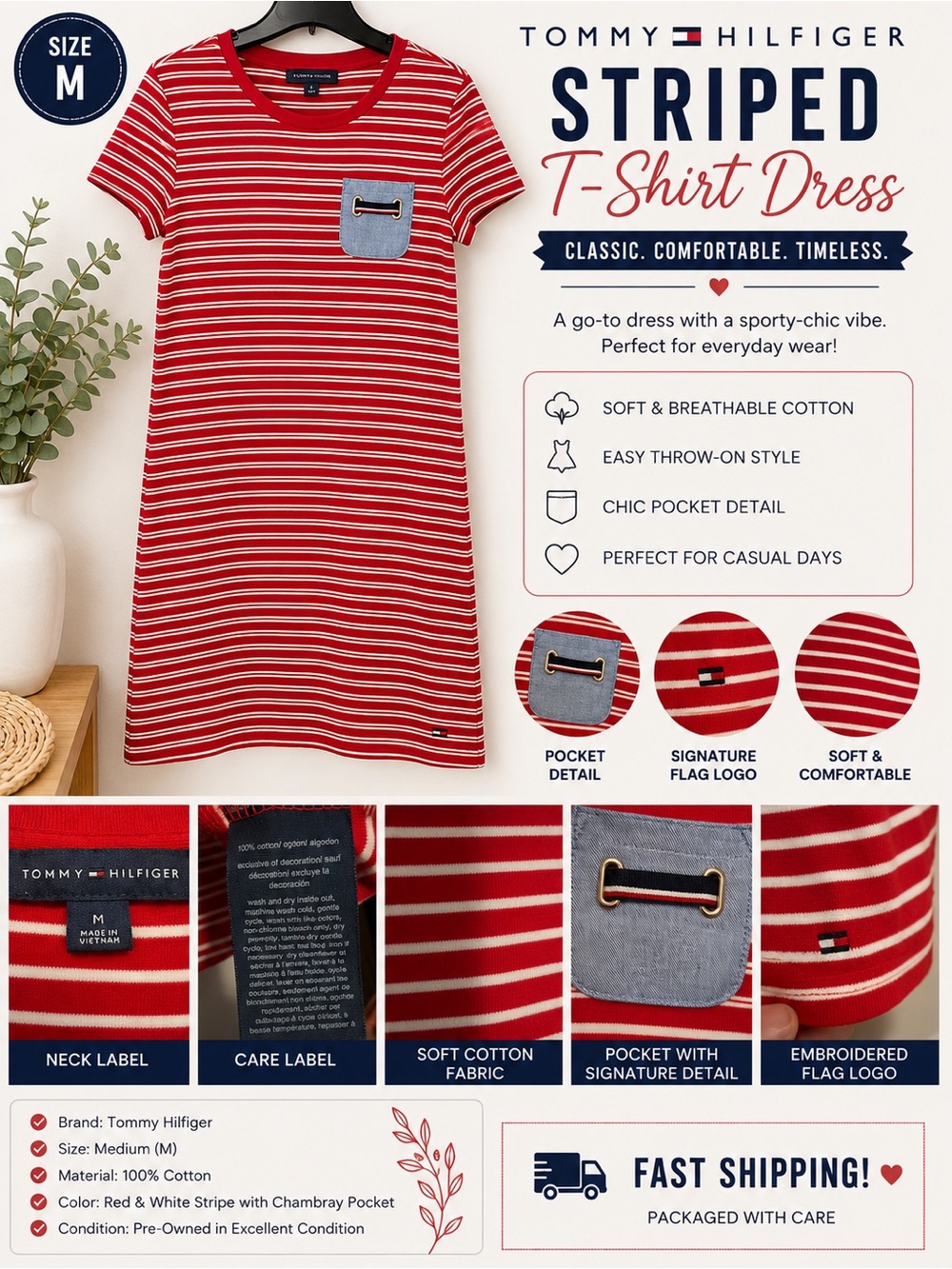 Tommy Hilfiger Red and White Striped Mini T-Shirt Dress with Chambray Pocket